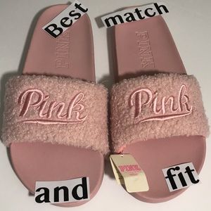 PINK Victoria’s Secret S M L Logo Embroidery Sherpa Slides Fuzzy Pink Sandals